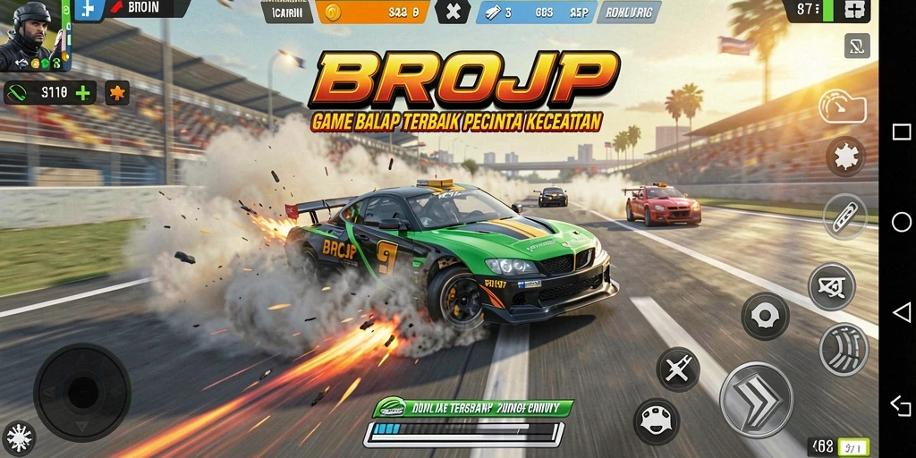 Screenshot gameplay BROJP menampilkan balapan mobil yang mendebarkan di trek yang menantang.