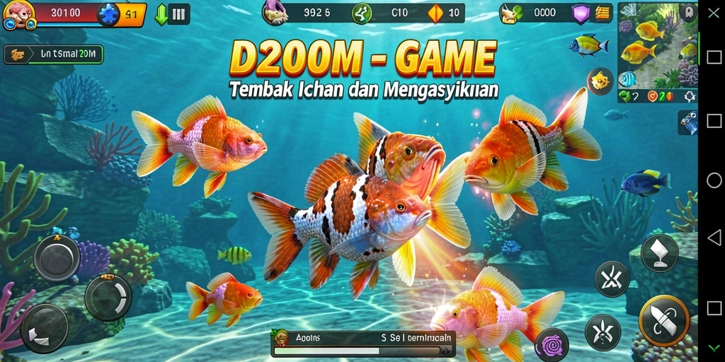Screenshot utama D200M menunjukkan aksi seru dalam berburu ikan.