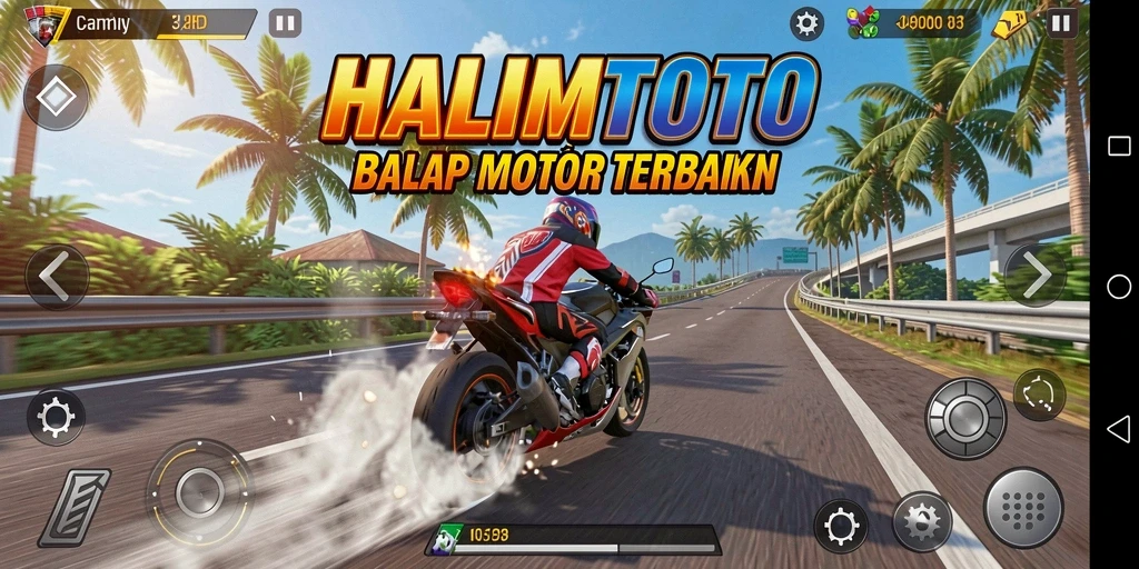 Screenshot gameplay HALIMTOTO yang menampilkan aksi balapan motor yang mendebarkan.