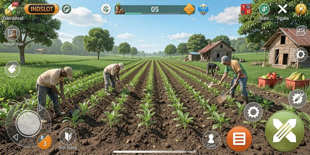Screenshot gameplay INDSLOT menampilkan aktivitas bertani yang menyenangkan.