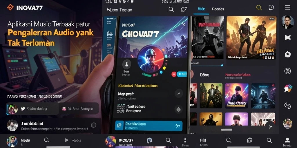 Tangkapan layar utama INOVA77 yang menampilkan pengalaman bermain musik yang seru.