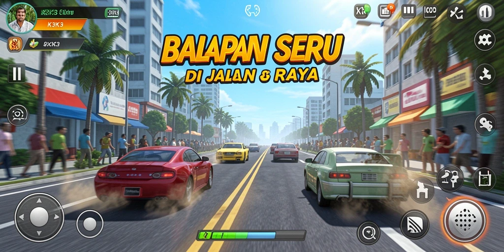 Tampilan gameplay K3K3 dengan kendaraan balap di jalur yang menantang.