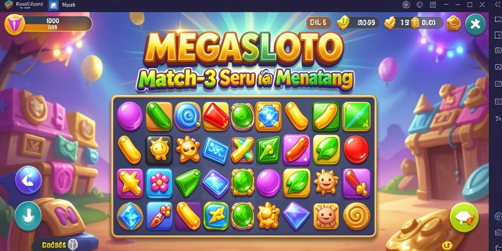 Tangkapan layar gameplay MEGASLOTO yang menampilkan level Match-3.