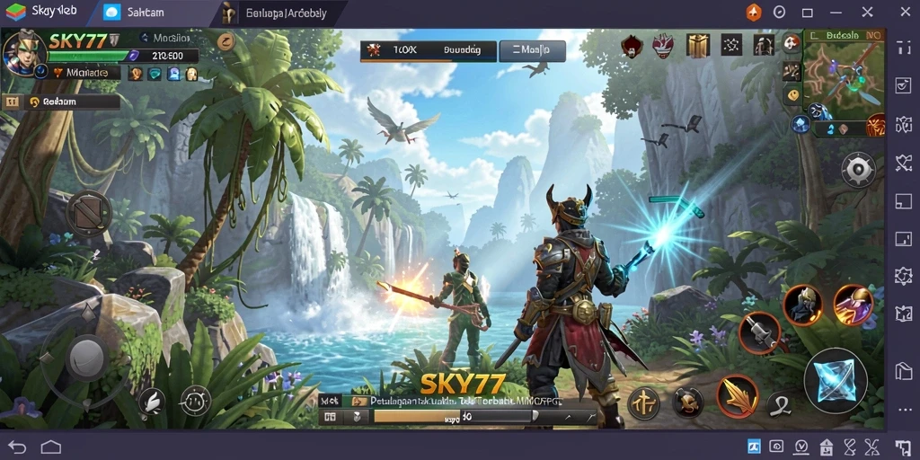 Screenshot menunjukkan aksi karakter MMORPG dalam pertempuran epik.