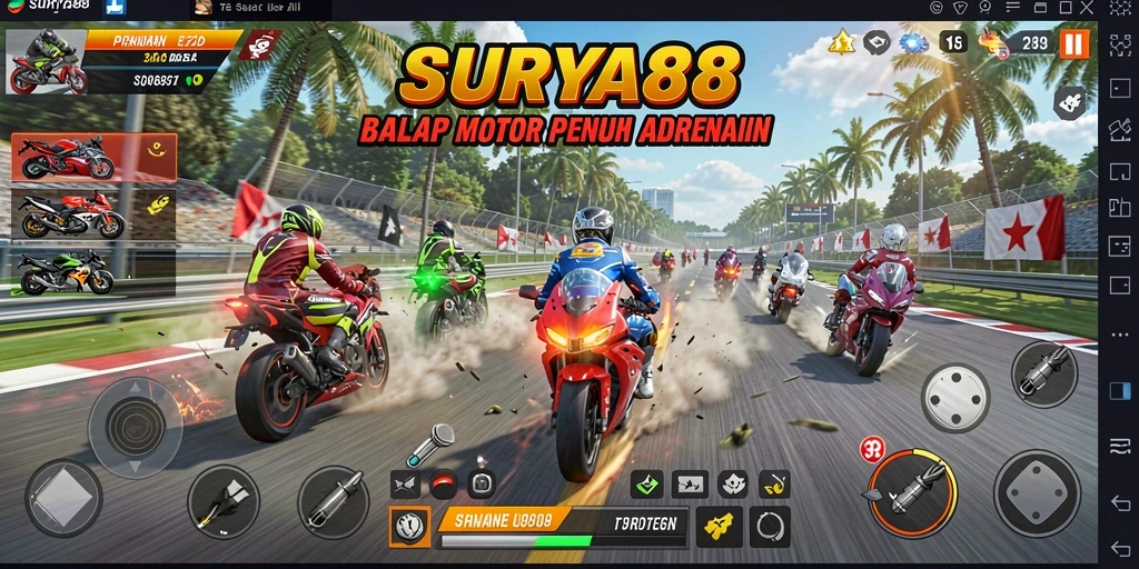 Tampilan gameplay menegangkan di SURYA88 saat balapan motor.