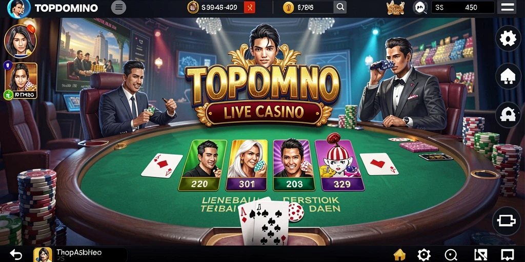 Screenshot gameplay TOPDOMINO yang menampilkan dealer langsung dan suasana casino.
